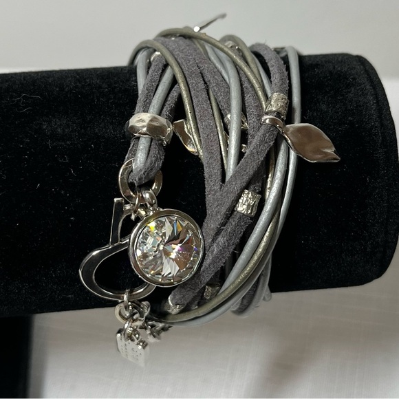 Sea Smadar Eliasaf Crystal Leather Bracelet Silver grey triple wrap Swarovski - Picture 2 of 6